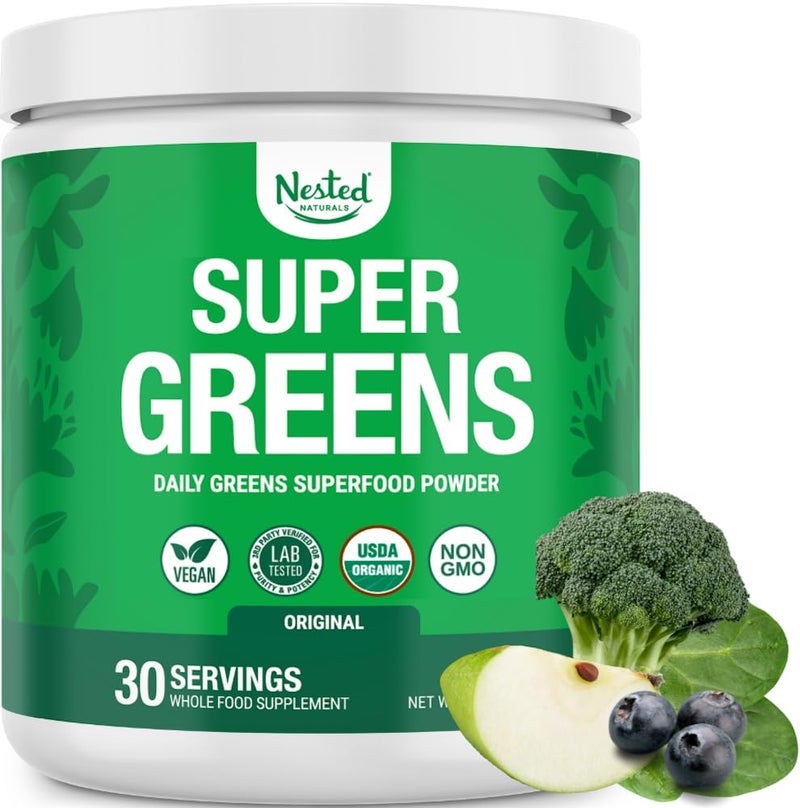 Nested Naturals Super Greens Daily Superfood Powder Certified USDA Organic Green Powder w20 Whole Foods Spirulina PowderWheat Barley Grass Probiotics Fiber Enzymes Original Flavour 30